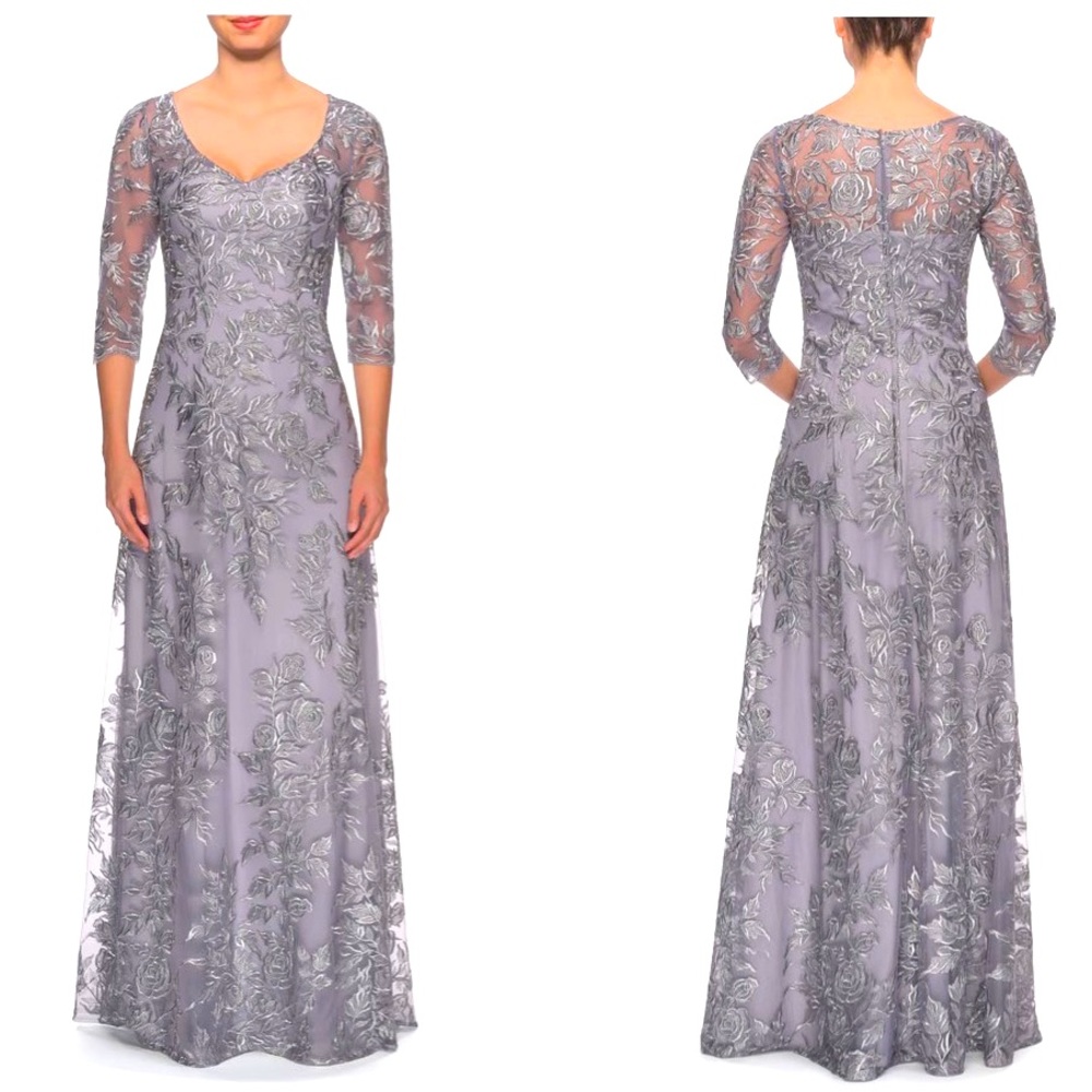 Floral Embroidered Mesh A-Line Gown
LA FEMME
